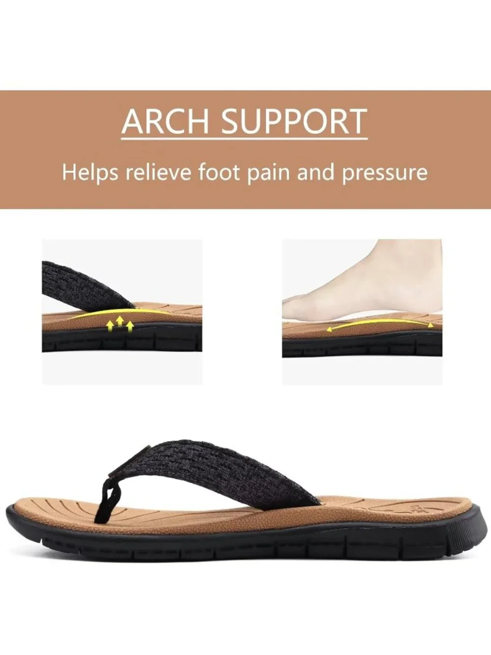 Women's Black Tan Flip Flops Lightweight Cushion Summer Beach Sandals Casual